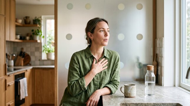 Woman practices a slow exhale near frosted circular forms