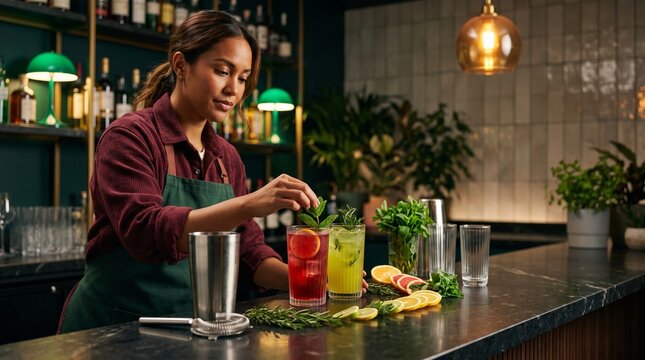 Bartender crafts jewel toned botanical citrus refreshers at night