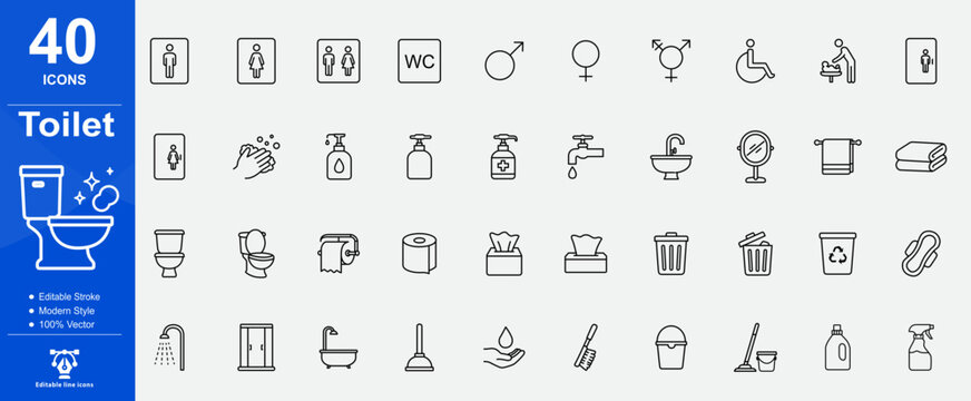 Editable stroke style toilet line icons. Restroom, WC, sanitation, hygiene, collection of public facilities, plumbing, and bathroom equipment. stroke that can be edited