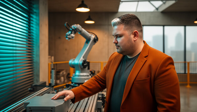 Serious male automation engineer wearing an orange jacket inspecting a smart robotic arm manufacturing system in a modern high tech industrial laboratory environment