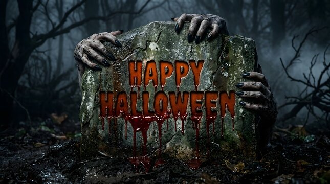 Happy halloween carved into a weathered tombstone with blood dripping down, held by creepy zombie hands emerging from the dark, foggy ground