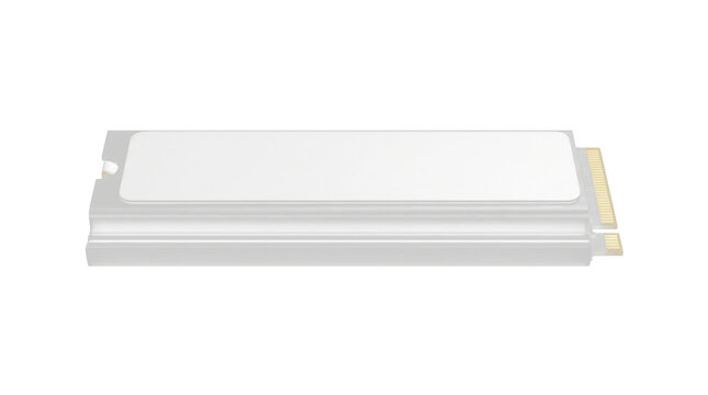 Modern solid state drive storage device with metallic casing and gold PCIe connector on white