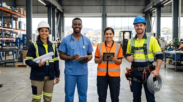 Confident industrial workers in factory setting with safety gear, concept for teamwork and workplace safety, manufacturing and engineering promotion