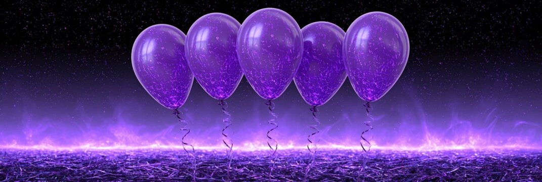 Five purple balloons floating in a dark, starry sky with vibrant purple fire and ground cover.