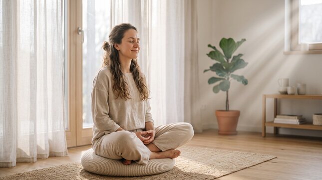 Woman meditating peacefully in lotus pose at home with sunlight streaming through window