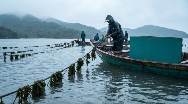 Growers tend seaweed lines in a Vietnamese coastal inlet