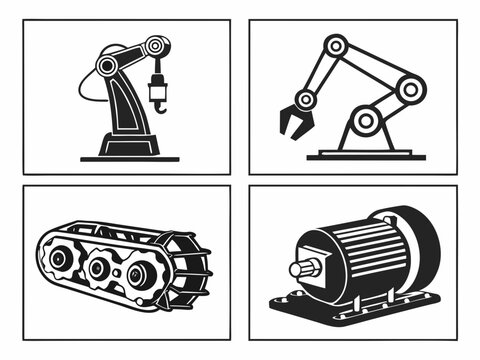 Four distinct black vector illustrations of a conveyor belt system, industrial robotic arm, electric motor, and gear transmission unit. Pure white background, consistent line weight, clear silhouettes