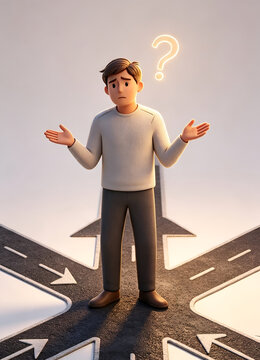 Confused 3D man at a crossroads, facing a difficult decision and uncertain future path.