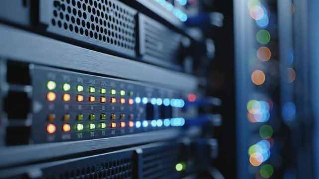 Server rack data center storage system hardware equipment with glowing blinking lights showing active network connectivity and high speed performance processes in a dark technology motion video clip f