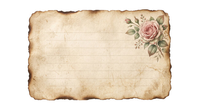 Vintage aged paper with burnt edges and pink rose illustration, antique parchment letterhead with lines, rustic floral stationery for scrapbooking