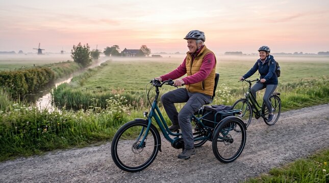 Adaptive cyclists share a dawn ride through open farmland