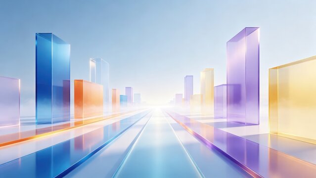 Futuristic transparent glass cityscape with colorful gradient architecture, abstract smart city technology background, idea for innovation presentation and digital infrastructure