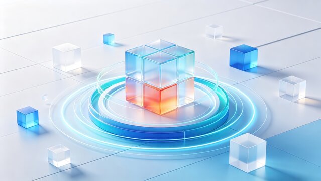 Futuristic transparent glass cubes on glowing digital platform, abstract AI computing technology concept, idea for cloud infrastructure, blockchain and data visualization