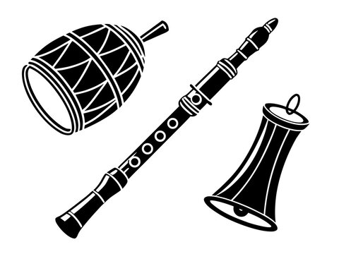 Four traditional musical instruments hand drum, flute, tambourine, and small bell. Solid black vector silhouettes on pure white, arranged as a clean four-item collection, balanced proportions, smooth 