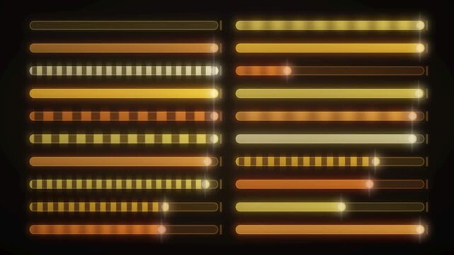 Glowing UI Progress Bars Filling in Staggered Rows Seamless Loop in cool amber tones