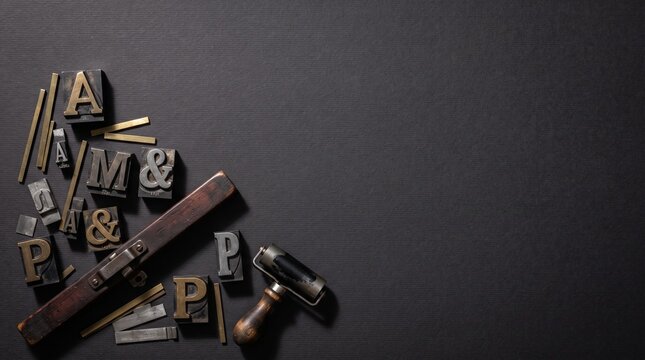 Vintage letterpress lead type blocks and ink roller on dark texture paper with copy space