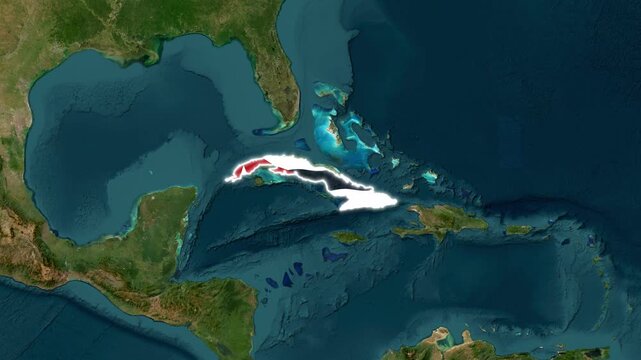 Cuba Country Map with National Flag Overlay Rotating on World Globe Satellite Background