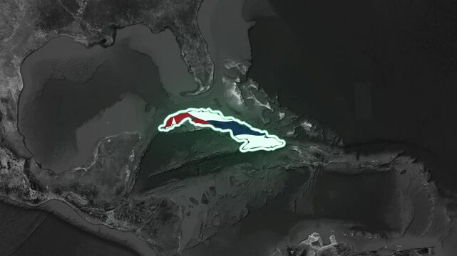 Cuba Map Animation with Glowing Neon Fire Outline and Flag Texture on Dark Satellite Globe