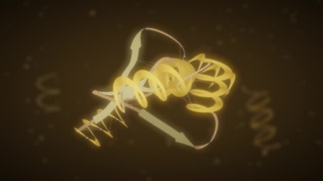 Protein folding ribbon backbone chain twisting into a compact 3D structure seamless loop in subtle amber tones