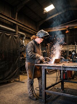 Welder performing a metal weld test seen from a low angle