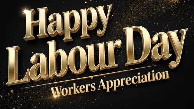 Sweeping diagonal light streak animating gold Happy Labour Day title at studio, celebrating workers