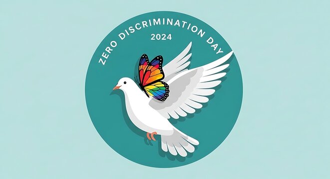 Zero Discrimination Day 2024 design with a white dove and rainbow butterfly.