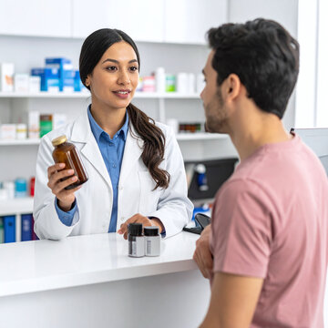 A friendly female pharmacist advises a male customer at a modern drugstore counter, explaining medication. This scene evokes trust, care, and professional healthcare service.