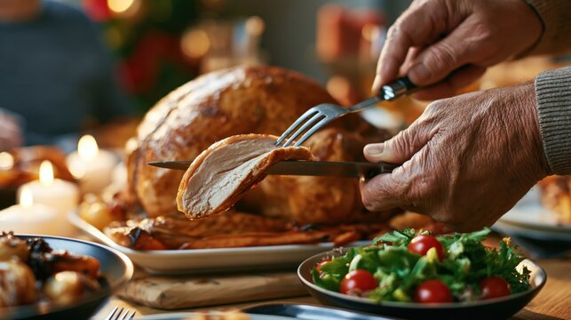 Golden Roasted Turkey Being Carved at Candlelit Thanksgiving Dinner with Warm Festive Atmosphere and Juicy Sliced Meat Close Up