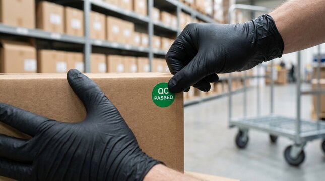 Close-up of hands in black nitrile gloves placing a round green QC Passed sticker onto the side of a brown shipping box in a fulfillment warehouse.