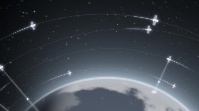 Satellites orbiting Earth with signal beams and orbital trails seamless loop in deep silver tones