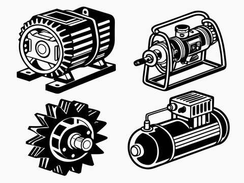 Four unique black vector designs featuring a heavy-duty gear assembly, industrial air compressor, hydraulic pump, and mechanical motor. Pure white background, bold clean silhouettes, each object clear