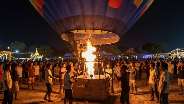 A vibrant night scene in Myanmar where people gather around a hot air balloon being inflated with flames, illuminated by festive lights and traditional architecture.