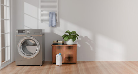 This 3D rendering of a bright, minimalist-style laundry room.