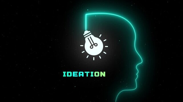 Neon glowing head silhouette with lightbulb concept showing ideation text on dark background