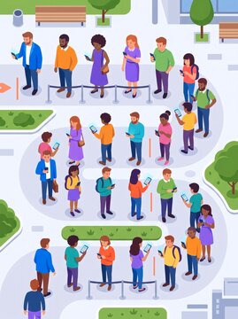 Diverse group of people queuing and using smartphones outdoors