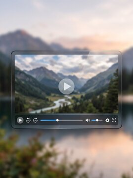 Digital video player interface displaying a scenic mountain landscape video