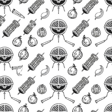 Seamless Black and White Arrow Pattern with Hand Drawn Doodle Icons, Vintage Vector Elements and Food Inspired Cartoon Symbols for Wallpaper Design