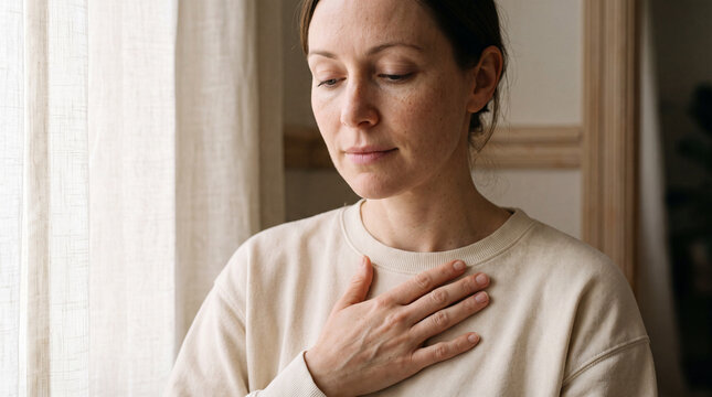 Mindful breathing practice beside a softly lit window