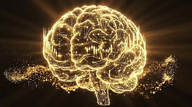 Glowing golden brain concept made of financial charts and trading data nodes on black background
