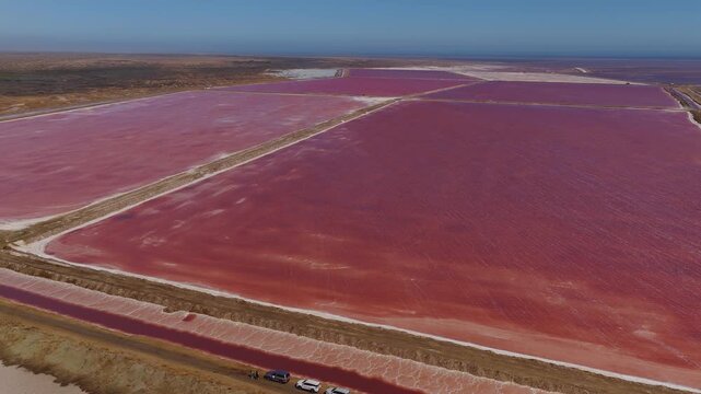 Aerial view of pink salt pans at Walvis Bay, Namibia, with white rims, earth berms, dirt track, parked vehicles, tiny figures, ripples, and the deep blue Atlantic.