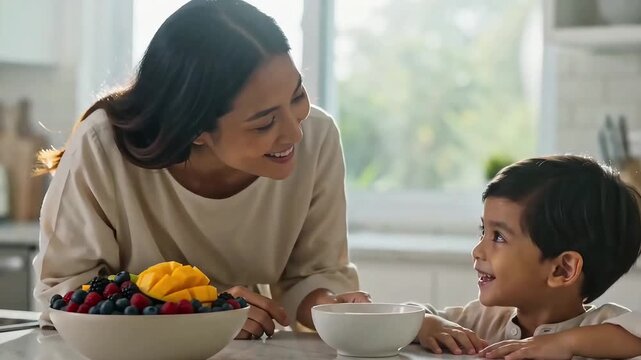 Happy Asian Mother Serving Healthy Fruit Breakfast to Young Son in Bright Modern Kitchen Setting, Lifestyle and Wellness Concept