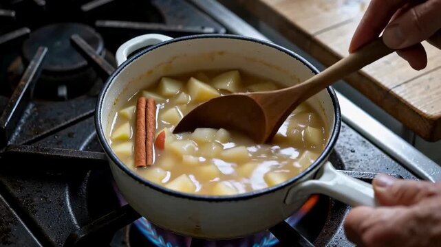 Homemade Cinnamon Apple Compote Cooking in Rustic Kitchen