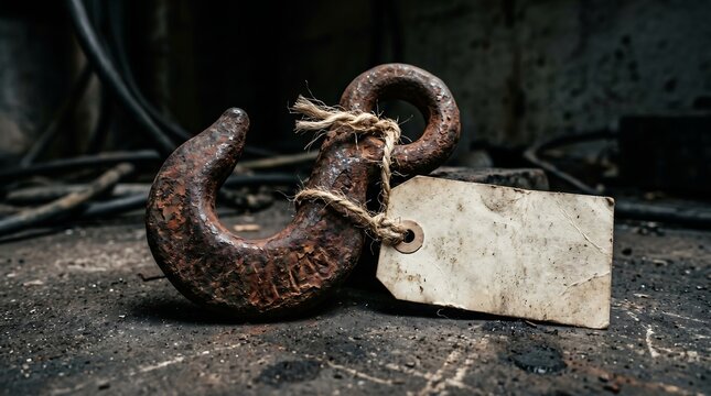Rusty metal crane hook with blank tag. Industrial lifting equipment for heavy logistics.