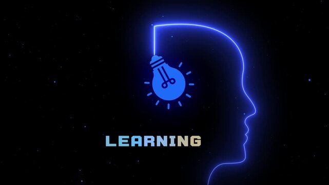 Learning concept with futuristic human head outline and glowing light bulb icon representing education, knowledge acquisition and cognitive development.