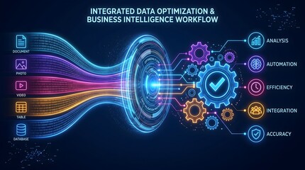 Fototapeta premium Integrated data optimization workflow converting multimedia databases into automated business intelligence and analytical efficiency