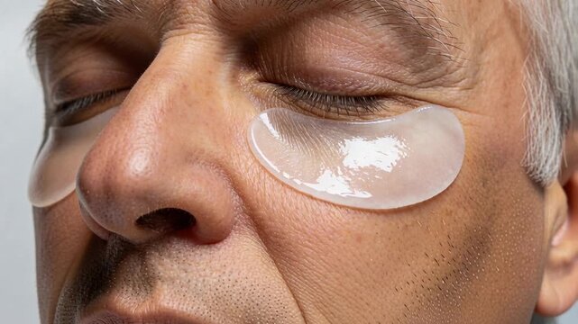 Pressing fingertip, senior man smoothing hydrogel under-eye patch on cheek in studio, soothing skin