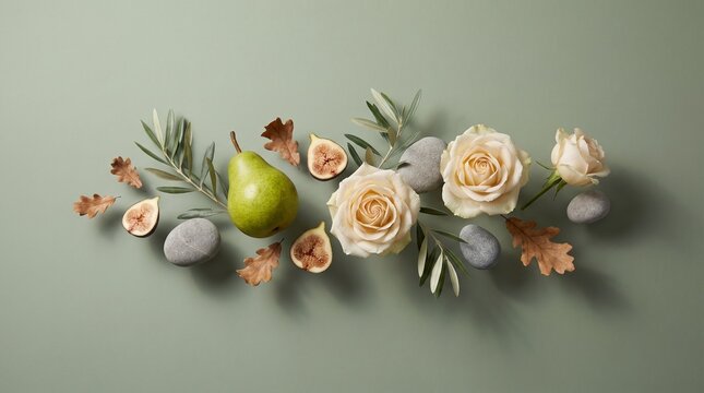 Floating Pear and Fig Botanical Layout on Soft Sage Backdrop