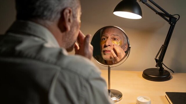 Preparing senior man in light shirt smoothing gold patch at vanity for skincare, with mirror lamp