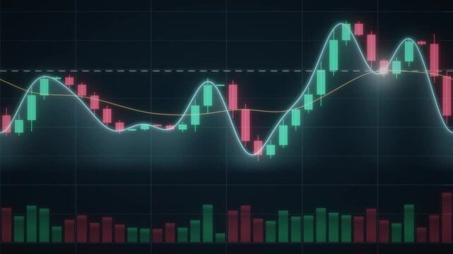 Financial candlestick stock market chart with rising trend line and volume bars seamless loop in rich emerald tones