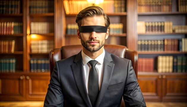 Confident blindfolded businessman in a formal office library, symbolizing fairness, equal treatment, integrity, legal professionalism, and unbiased leadership.